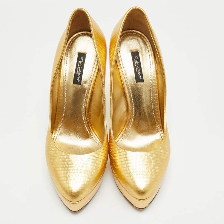 Pre Owned Dolce & Gabbana Size 39 Gold Lizard Embossed Leather Platform Pumps