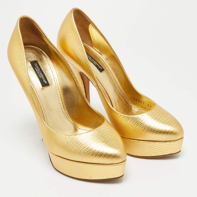 Pre Owned Dolce & Gabbana Size 39 Gold Lizard Embossed Leather Platform Pumps