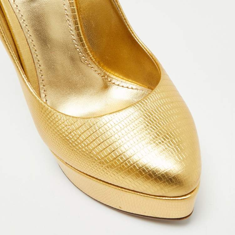 Pre Owned Dolce & Gabbana Size 39 Gold Lizard Embossed Leather Platform Pumps