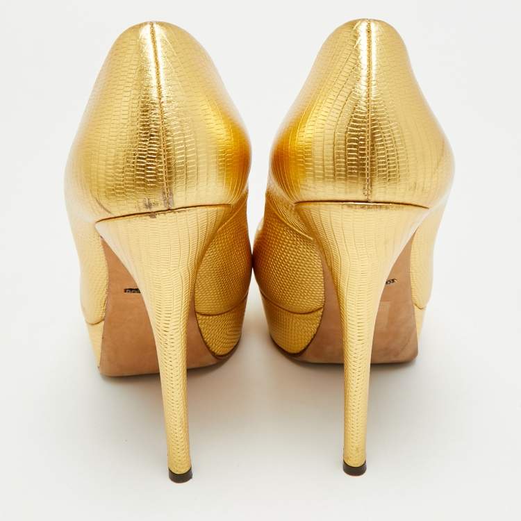 Pre Owned Dolce & Gabbana Size 39 Gold Lizard Embossed Leather Platform Pumps