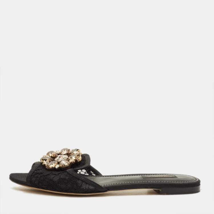 Pre Owned Dolce & Gabbana Sofia Size 38.5 Black Lace Crystal Embellished Flat Slide Sandals