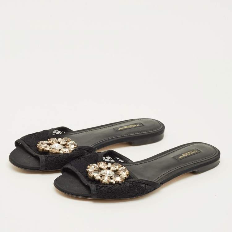 Pre Owned Dolce & Gabbana Sofia Size 38.5 Black Lace Crystal Embellished Flat Slide Sandals