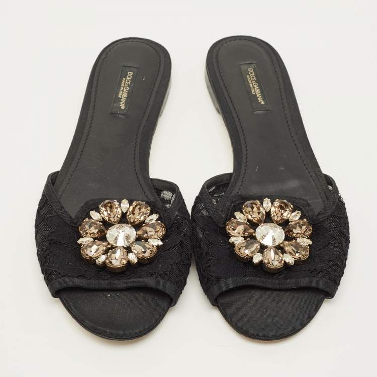 Pre Owned Dolce & Gabbana Sofia Size 38.5 Black Lace Crystal Embellished Flat Slide Sandals