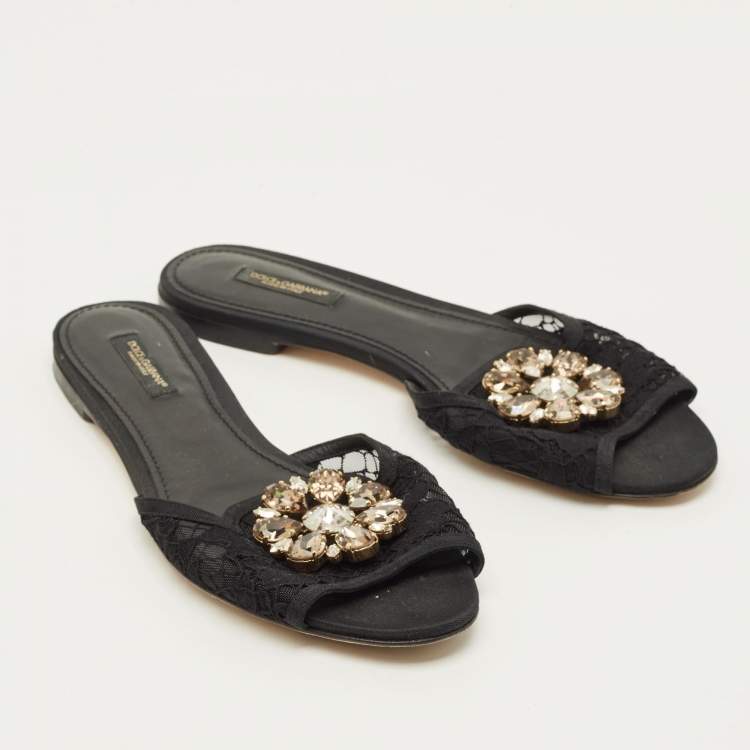 Pre Owned Dolce & Gabbana Sofia Size 38.5 Black Lace Crystal Embellished Flat Slide Sandals