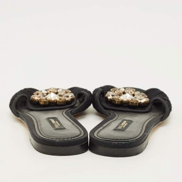 Pre Owned Dolce & Gabbana Sofia Size 38.5 Black Lace Crystal Embellished Flat Slide Sandals