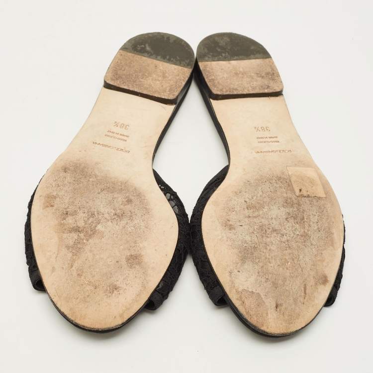 Pre Owned Dolce & Gabbana Sofia Size 38.5 Black Lace Crystal Embellished Flat Slide Sandals