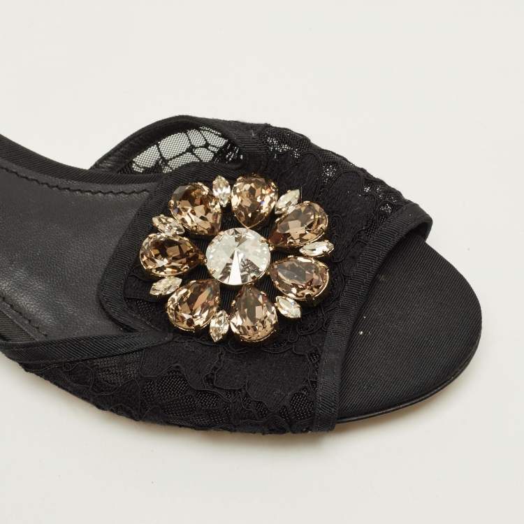 Pre Owned Dolce & Gabbana Sofia Size 38.5 Black Lace Crystal Embellished Flat Slide Sandals