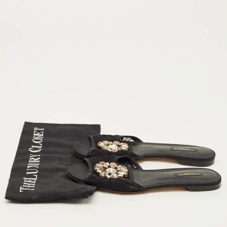Pre Owned Dolce & Gabbana Sofia Size 38.5 Black Lace Crystal Embellished Flat Slide Sandals