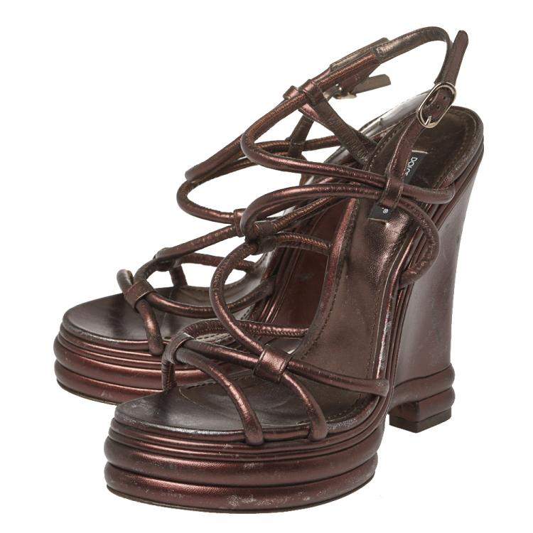 Pre Owned Dolce & Gabbana Metallic Brown Leather Strappy Wedge Sandals Size 40