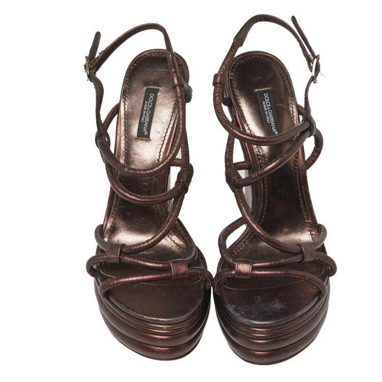 Pre Owned Dolce & Gabbana Metallic Brown Leather Strappy Wedge Sandals Size 40