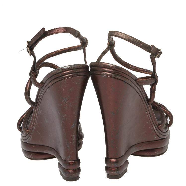 Pre Owned Dolce & Gabbana Metallic Brown Leather Strappy Wedge Sandals Size 40