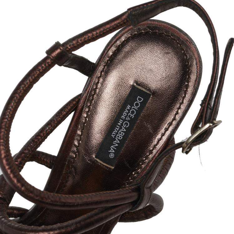 Pre Owned Dolce & Gabbana Metallic Brown Leather Strappy Wedge Sandals Size 40