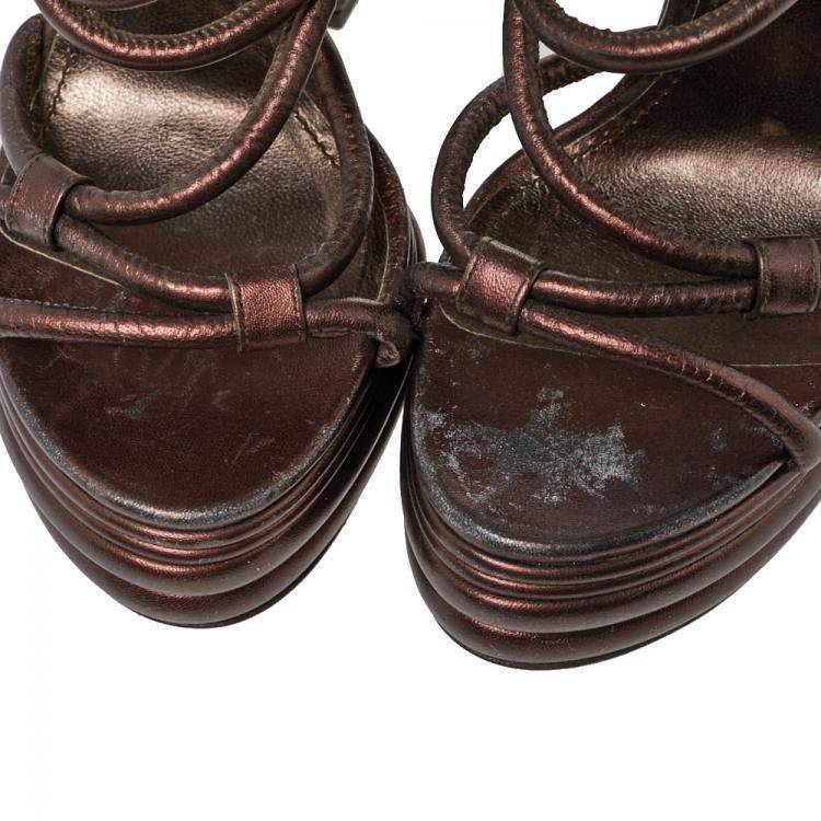 Pre Owned Dolce & Gabbana Metallic Brown Leather Strappy Wedge Sandals Size 40