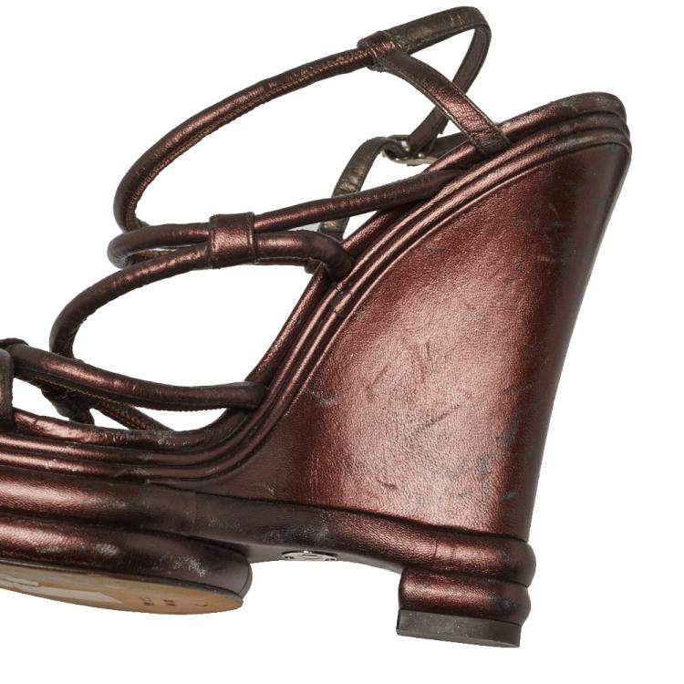 Pre Owned Dolce & Gabbana Metallic Brown Leather Strappy Wedge Sandals Size 40