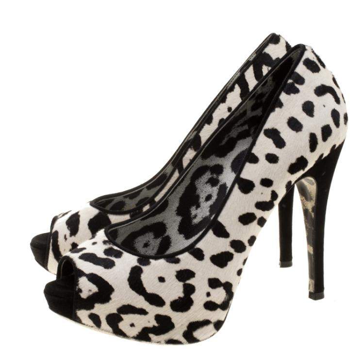 Pre Owned Dolce & Gabbana White Leopard Print Calfhair Peep Toe Platform Pumps Size 35.5