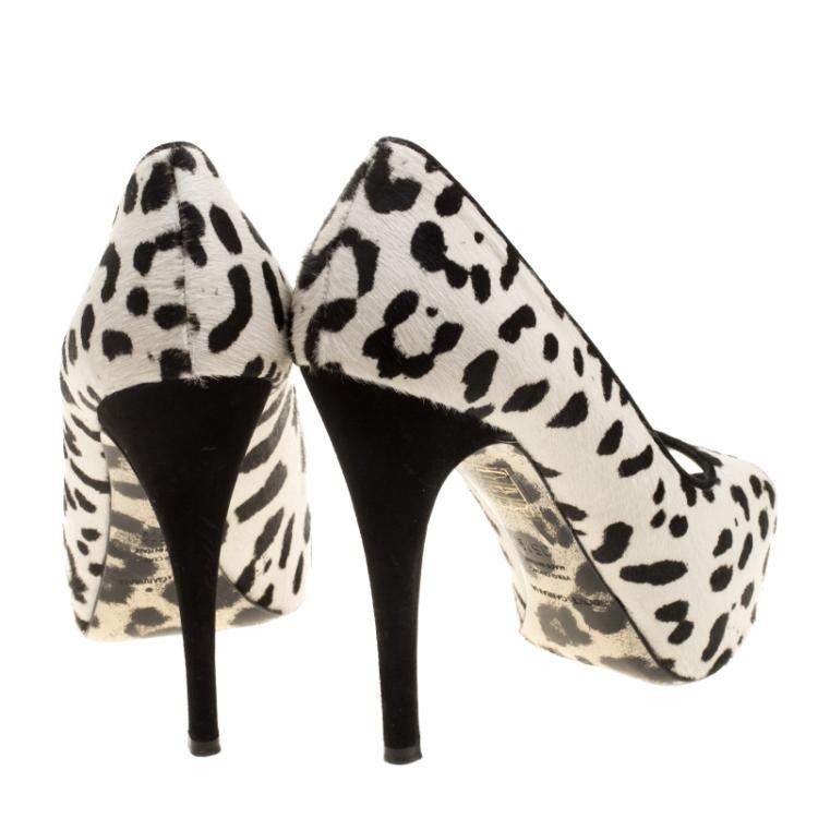 Pre Owned Dolce & Gabbana White Leopard Print Calfhair Peep Toe Platform Pumps Size 35.5