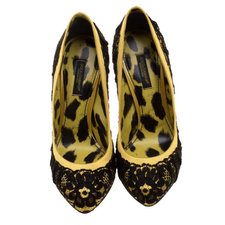 Pre Owned Dolce & Gabbana Yellow/Black Satin and Lace Pumps Size 36