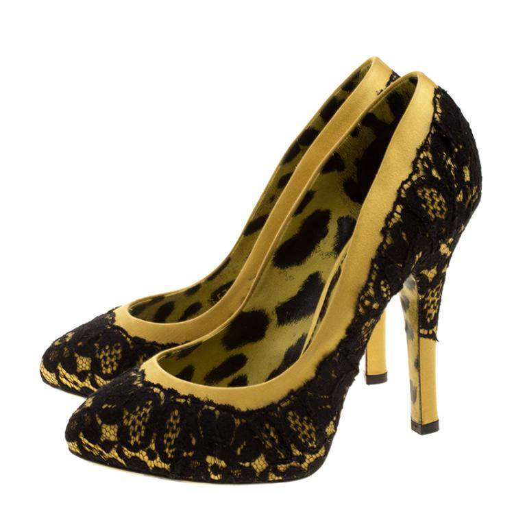 Pre Owned Dolce & Gabbana Yellow/Black Satin and Lace Pumps Size 36