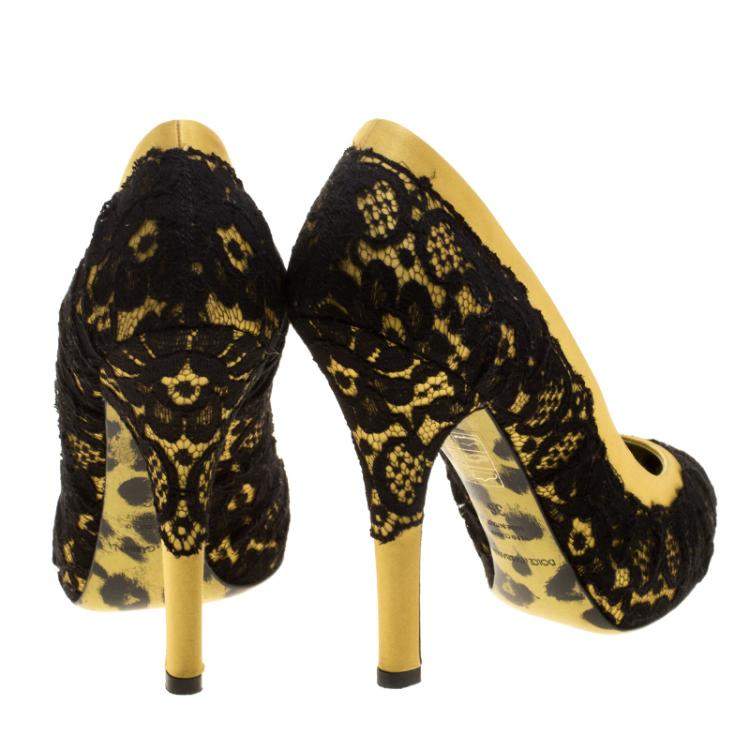 Pre Owned Dolce & Gabbana Yellow/Black Satin and Lace Pumps Size 36