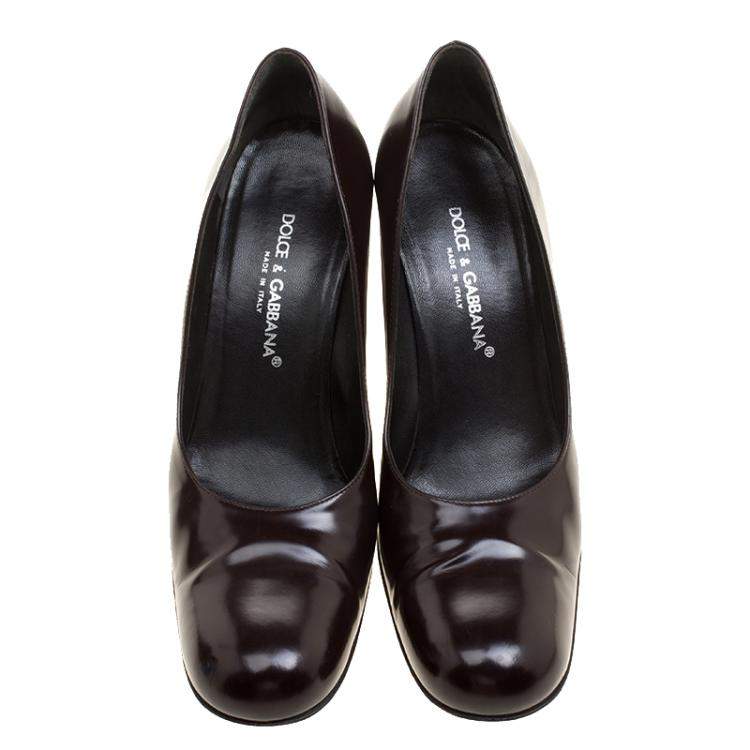 Pre Owned Dolce & Gabbana Dark Brown Patent Leather Block Heel Pumps Size 38