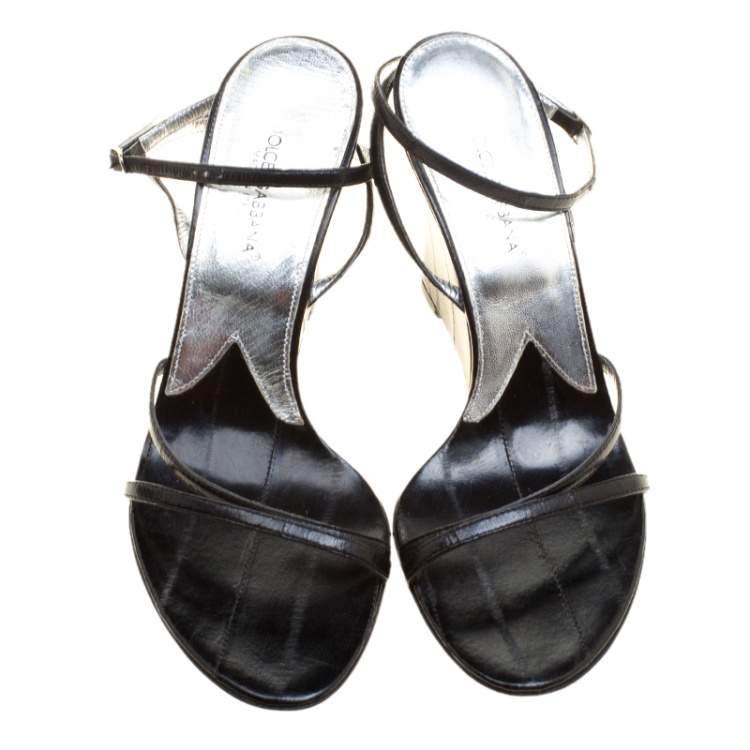 Pre Owned Dolce & Gabbana Black Leather Wedge Sandals Size 39