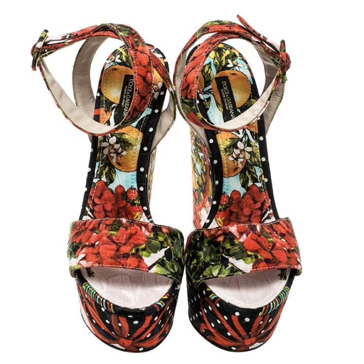 Pre Owned Dolce & Gabbana Multicolor Printed Brocade Peep Toe Ankle Wrap Wedge Sandals Size 39.5