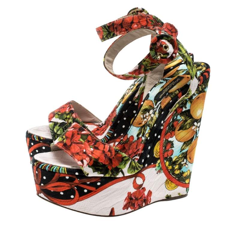 Pre Owned Dolce & Gabbana Multicolor Printed Brocade Peep Toe Ankle Wrap Wedge Sandals Size 39.5