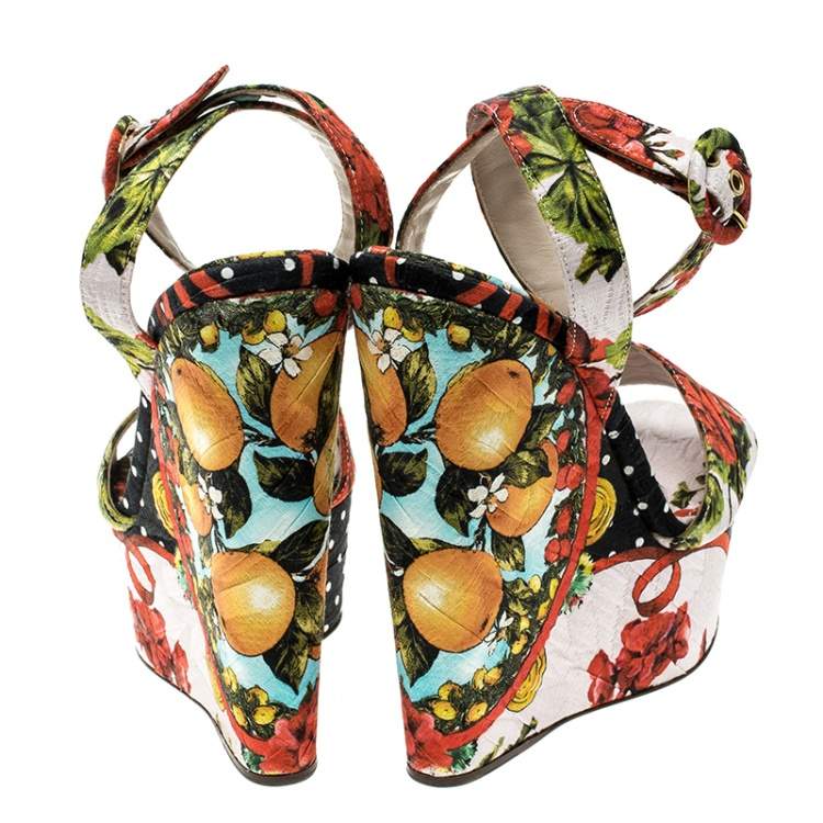 Pre Owned Dolce & Gabbana Multicolor Printed Brocade Peep Toe Ankle Wrap Wedge Sandals Size 39.5
