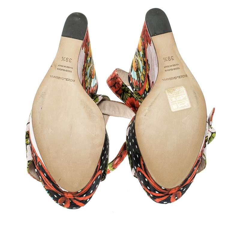 Pre Owned Dolce & Gabbana Multicolor Printed Brocade Peep Toe Ankle Wrap Wedge Sandals Size 39.5