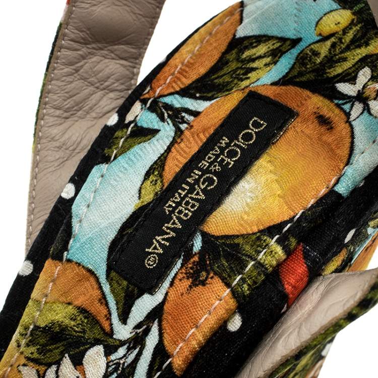 Pre Owned Dolce & Gabbana Multicolor Printed Brocade Peep Toe Ankle Wrap Wedge Sandals Size 39.5