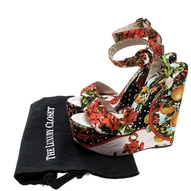 Pre Owned Dolce & Gabbana Multicolor Printed Brocade Peep Toe Ankle Wrap Wedge Sandals Size 39.5