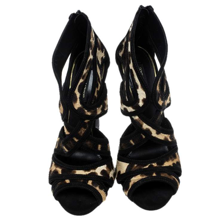 Pre Owned Dolce & Gabbana Beige/Black Leopard Print Calfhair and Suede Sandals Size 37