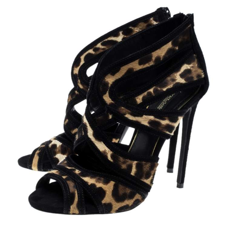 Pre Owned Dolce & Gabbana Beige/Black Leopard Print Calfhair and Suede Sandals Size 37