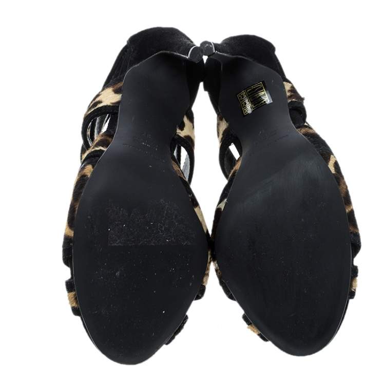 Pre Owned Dolce & Gabbana Beige/Black Leopard Print Calfhair and Suede Sandals Size 37