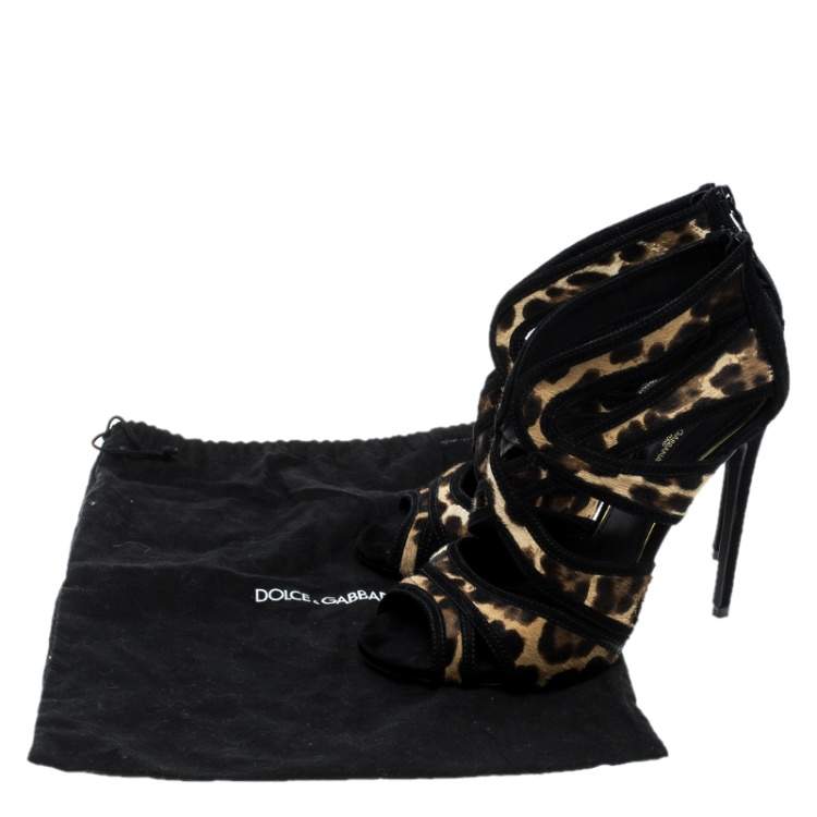 Pre Owned Dolce & Gabbana Beige/Black Leopard Print Calfhair and Suede Sandals Size 37