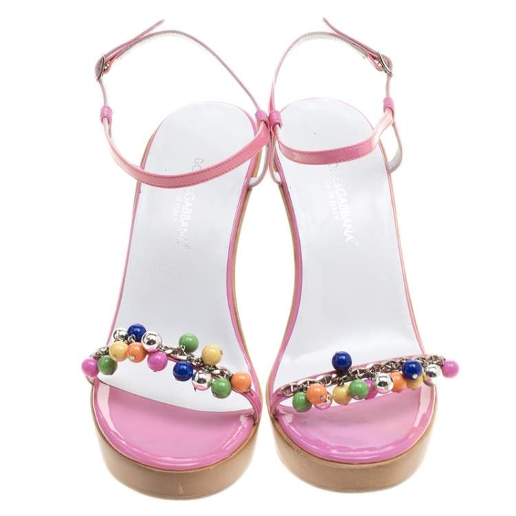 Pre Owned Dolce & Gabbana Pink Patent Leather Beads Embellished Ankle Strap Open Toe Wedge Sandals Size 37.5