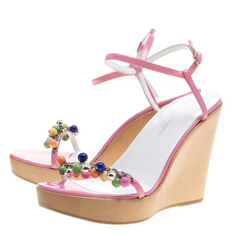 Pre Owned Dolce & Gabbana Pink Patent Leather Beads Embellished Ankle Strap Open Toe Wedge Sandals Size 37.5