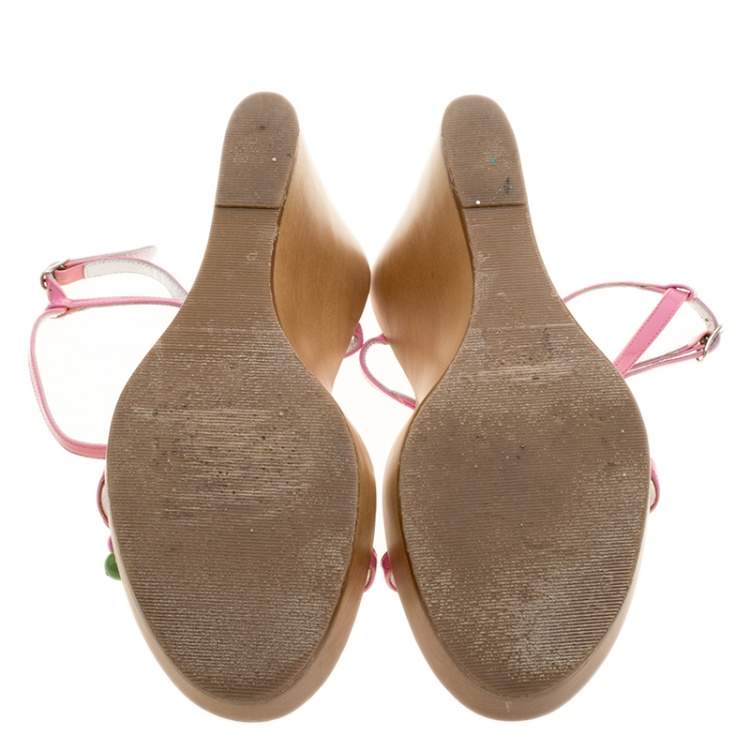 Pre Owned Dolce & Gabbana Pink Patent Leather Beads Embellished Ankle Strap Open Toe Wedge Sandals Size 37.5