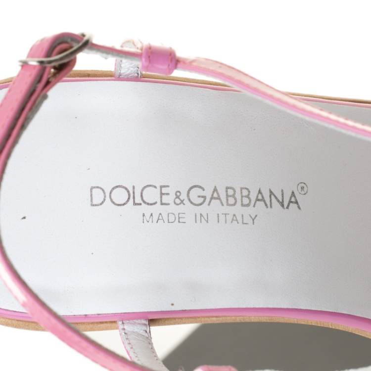 Pre Owned Dolce & Gabbana Pink Patent Leather Beads Embellished Ankle Strap Open Toe Wedge Sandals Size 37.5