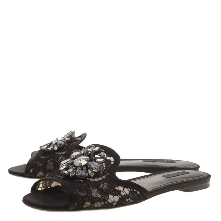 Pre Owned Dolce & Gabbana Black Lace Sofia Crystal Embellished Slides Size 39.5