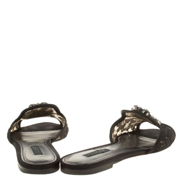 Pre Owned Dolce & Gabbana Black Lace Sofia Crystal Embellished Slides Size 39.5