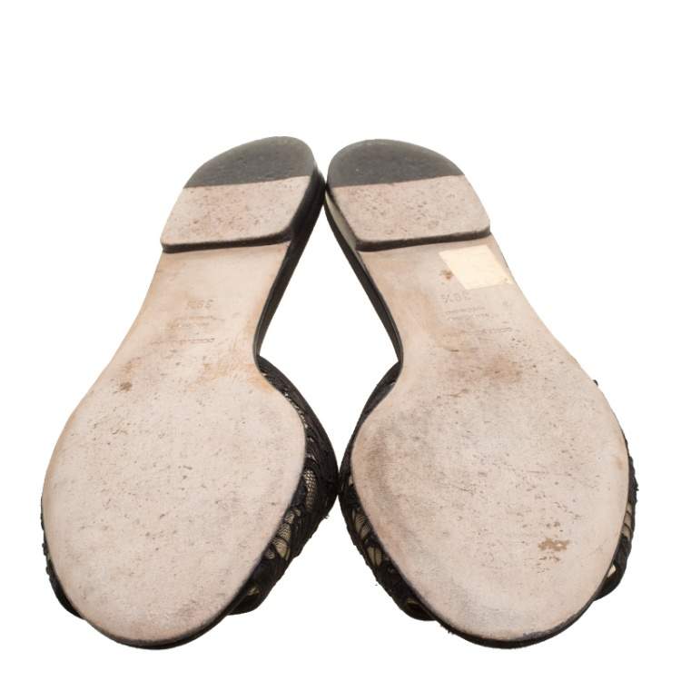 Pre Owned Dolce & Gabbana Black Lace Sofia Crystal Embellished Slides Size 39.5