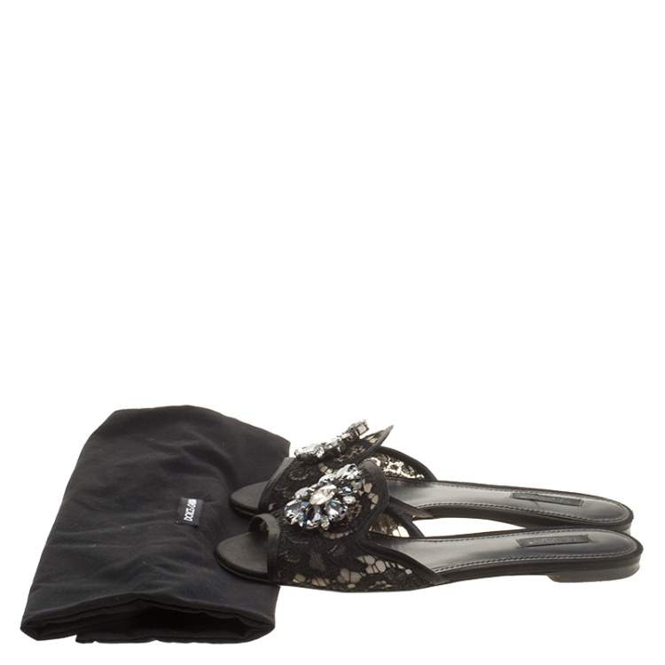 Pre Owned Dolce & Gabbana Black Lace Sofia Crystal Embellished Slides Size 39.5
