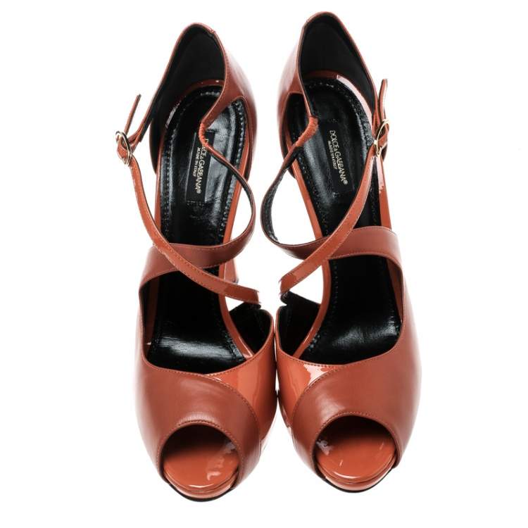 Pre Owned Dolce & Gabbana Orange Leather Peep Toe Strappy Sandals Size 40