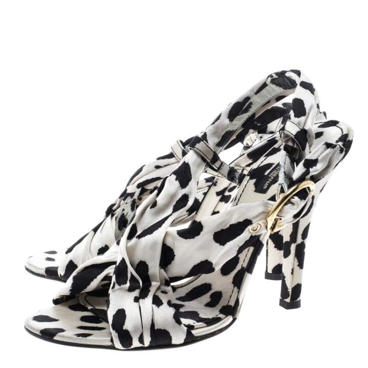 Pre Owned Dolce & Gabbana Monochrome Printed Pleated Silk Cross Strap Sandals Size 39