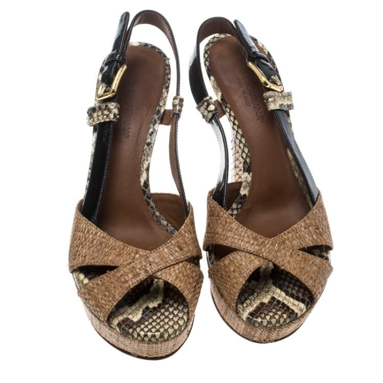 Pre Owned Dolce & Gabbana Beige Raffia and Python Leather Cross Strap Platform Sandals Size 36