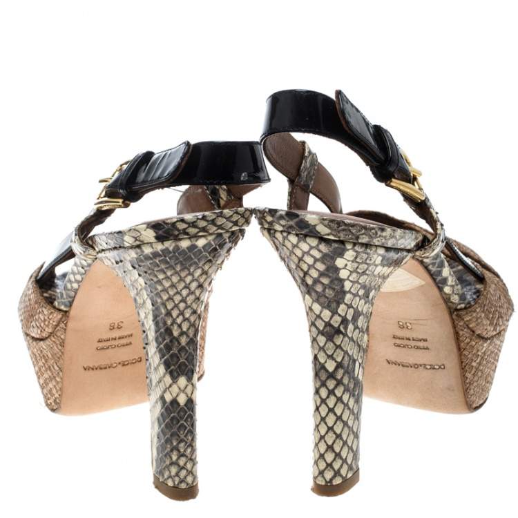 Pre Owned Dolce & Gabbana Beige Raffia and Python Leather Cross Strap Platform Sandals Size 36