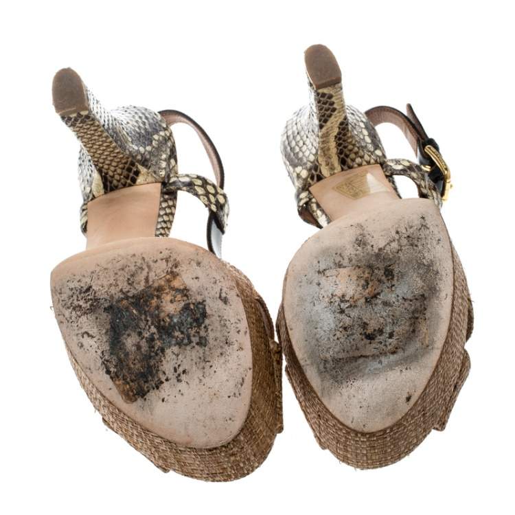 Pre Owned Dolce & Gabbana Beige Raffia and Python Leather Cross Strap Platform Sandals Size 36