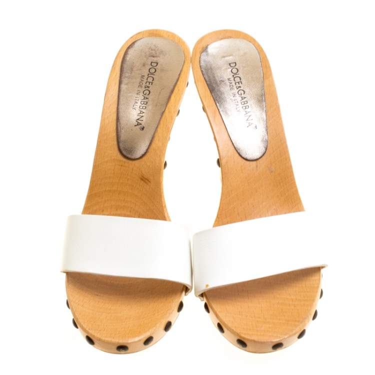 Pre Owned Dolce & Gabbana White Leather Wooden Platform Slides Size 38.5