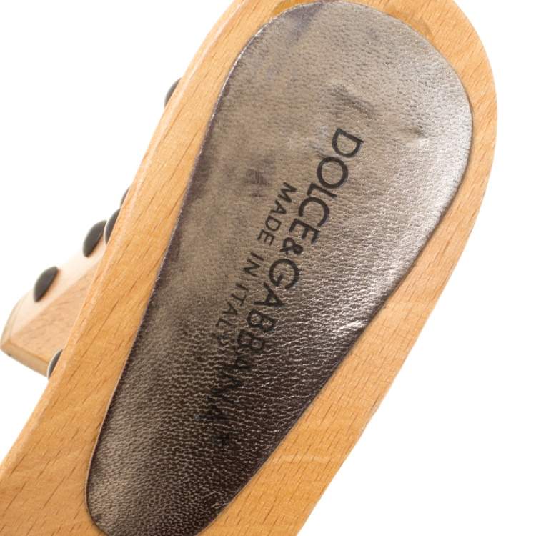 Pre Owned Dolce & Gabbana White Leather Wooden Platform Slides Size 38.5